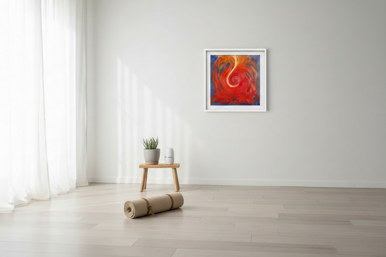 White St Ives Tray Framed Print 'Root Chakra No.1' 
This size is based the original Oil painting which is 50cm²
There are x7 to collect with x10 im the total range.'Pathways of Consciousness' by Clare Lewis Art & Print since 1997 Stroud, Gloucestershire, UK
